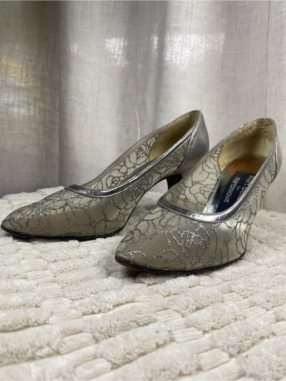 Rare Vtg 80s Stuart Weitzman Martinique Silver Illusion Lace Metallic Pumps 6.5